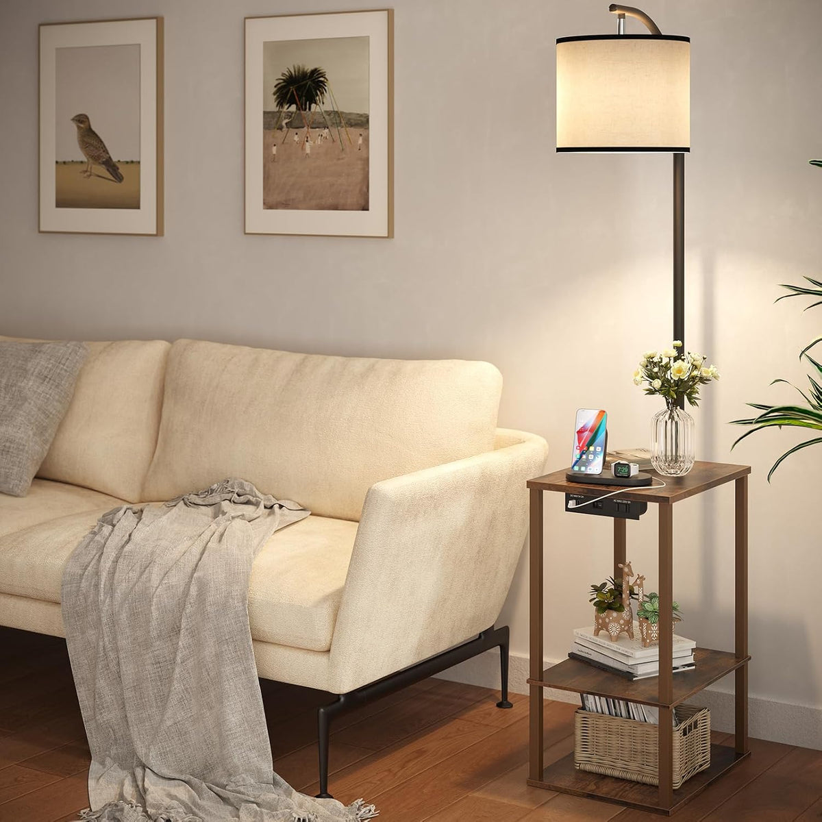 ✨ Rustic Floor Lamp with Side Table & Charging Station 🤎 Cozy 3-Shelf Standing Lamp for Living Room & Bedroom