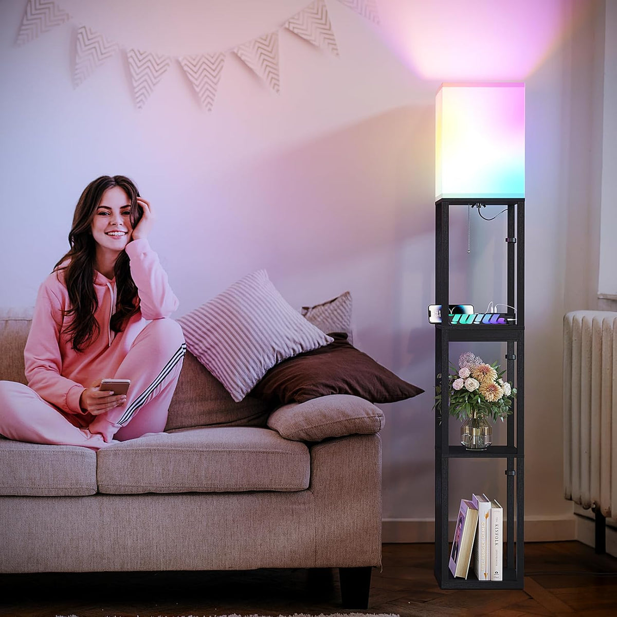 🌈 Smart Dimmable Shelf Floor Lamp ✨ RGB Color-Changing Light with 3-Tier Display Shelves for a Cozy Home