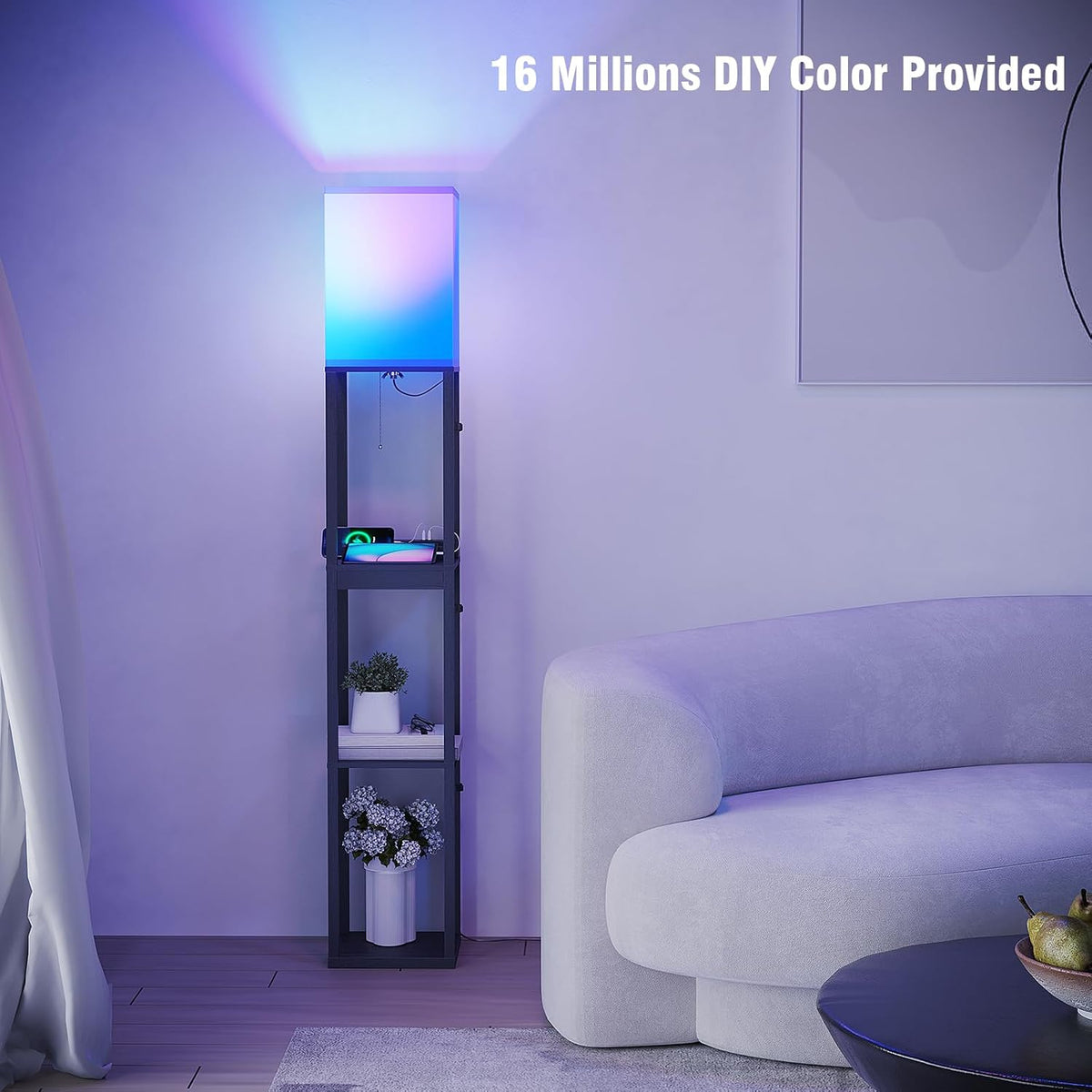 🌈 Smart Dimmable Shelf Floor Lamp ✨ RGB Color-Changing Light with 3-Tier Display Shelves for a Cozy Home