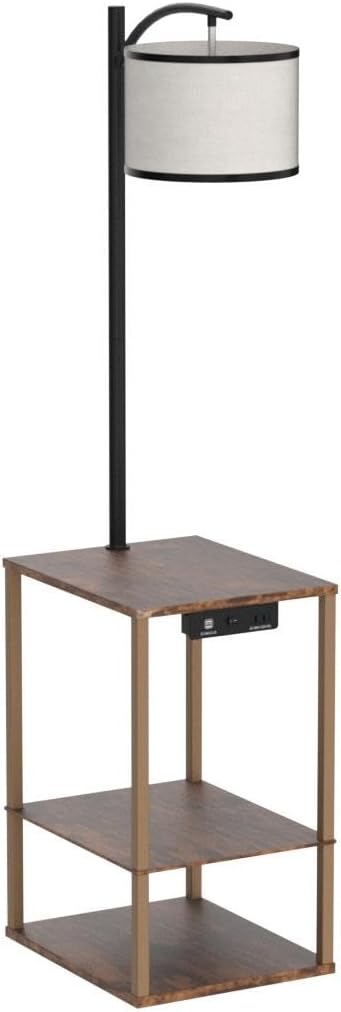 ✨ Rustic Floor Lamp with Side Table & Charging Station 🤎 Cozy 3-Shelf Standing Lamp for Living Room & Bedroom