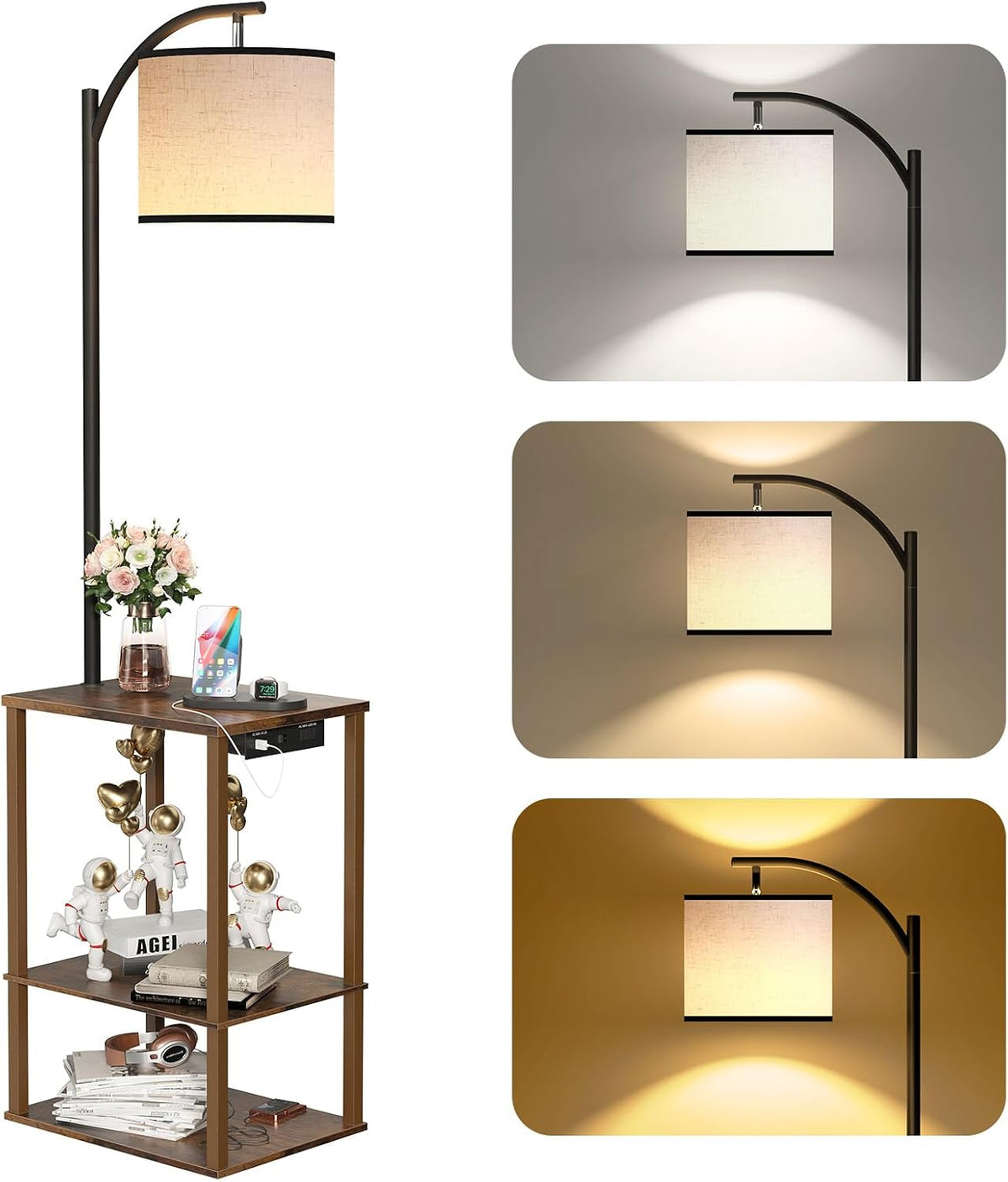 ✨ Rustic Floor Lamp with Side Table & Charging Station 🤎 Cozy 3-Shelf Standing Lamp for Living Room & Bedroom