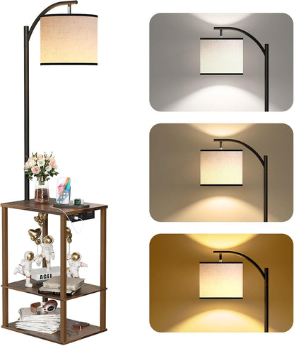 ✨ Rustic Floor Lamp with Side Table & Charging Station 🤎 Cozy 3-Shelf Standing Lamp for Living Room & Bedroom