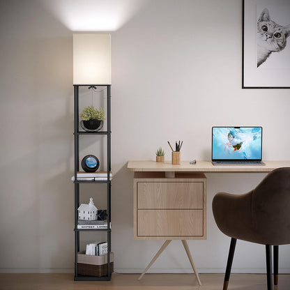 ✨ Modern 5-Tier Shelf Floor Lamp 🖤 Cozy Standing Light with Display Shelves for Living Room & Bedroom