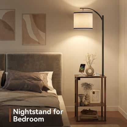 ✨ Rustic Floor Lamp with Side Table & Charging Station 🤎 Cozy 3-Shelf Standing Lamp for Living Room & Bedroom