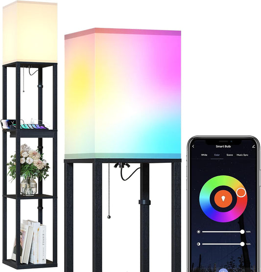 🌈 Smart Dimmable Shelf Floor Lamp ✨ RGB Color-Changing Light with 3-Tier Display Shelves for a Cozy Home