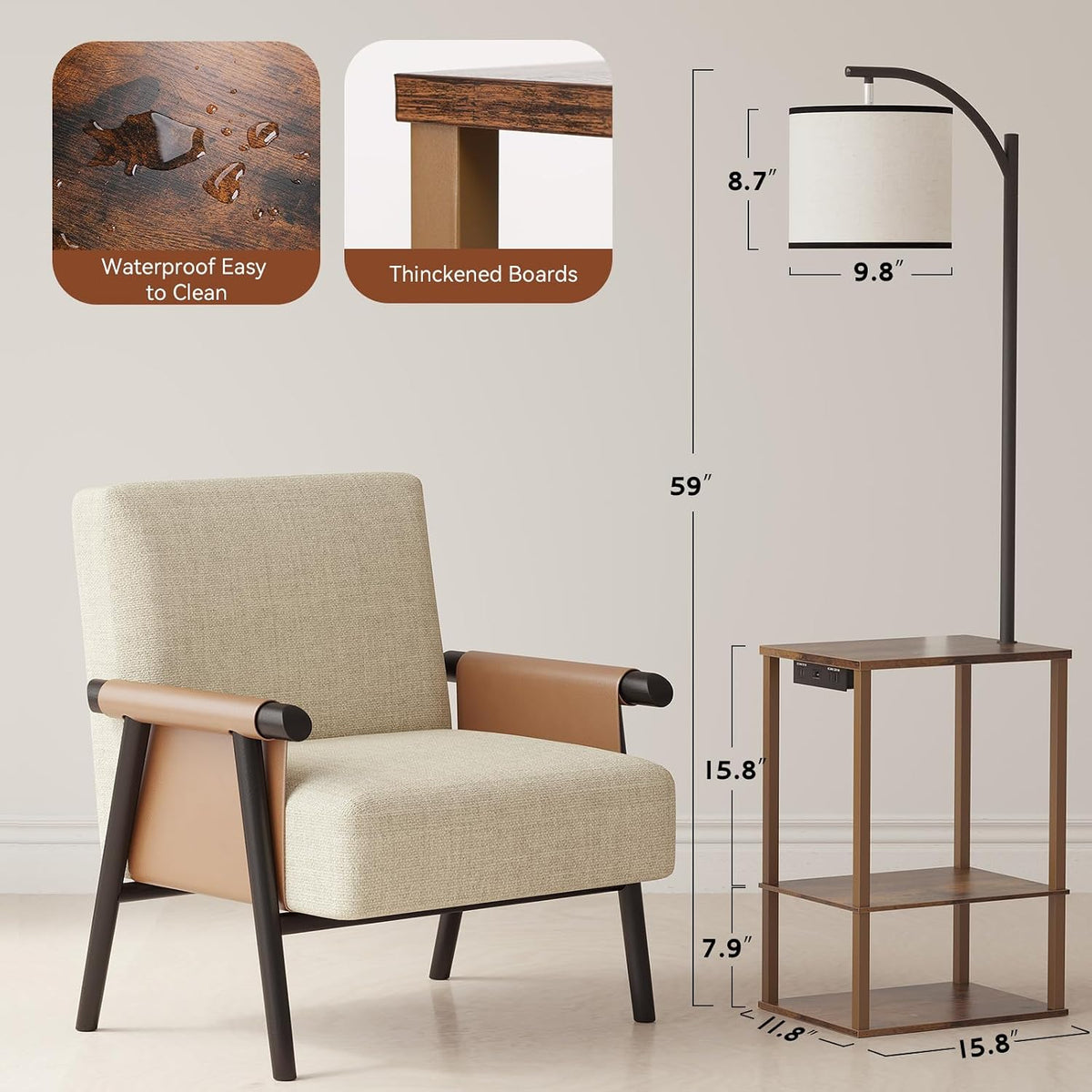✨ Rustic Floor Lamp with Side Table & Charging Station 🤎 Cozy 3-Shelf Standing Lamp for Living Room & Bedroom