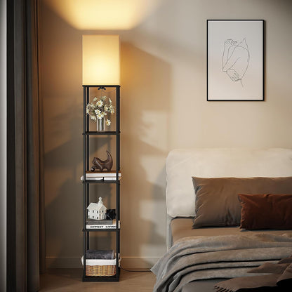 ✨ Modern 5-Tier Shelf Floor Lamp 🖤 Cozy Standing Light with Display Shelves for Living Room & Bedroom