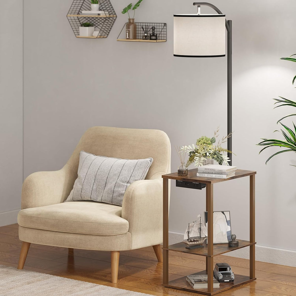 ✨ Rustic Floor Lamp with Side Table & Charging Station 🤎 Cozy 3-Shelf Standing Lamp for Living Room & Bedroom