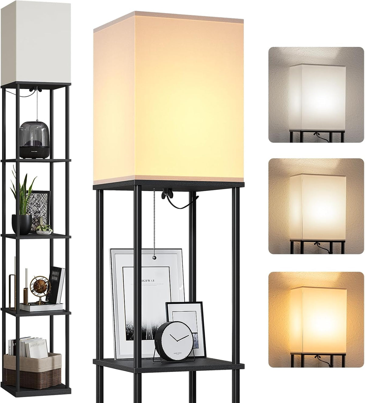 ✨ Modern 5-Tier Shelf Floor Lamp 🖤 Cozy Standing Light with Display Shelves for Living Room & Bedroom