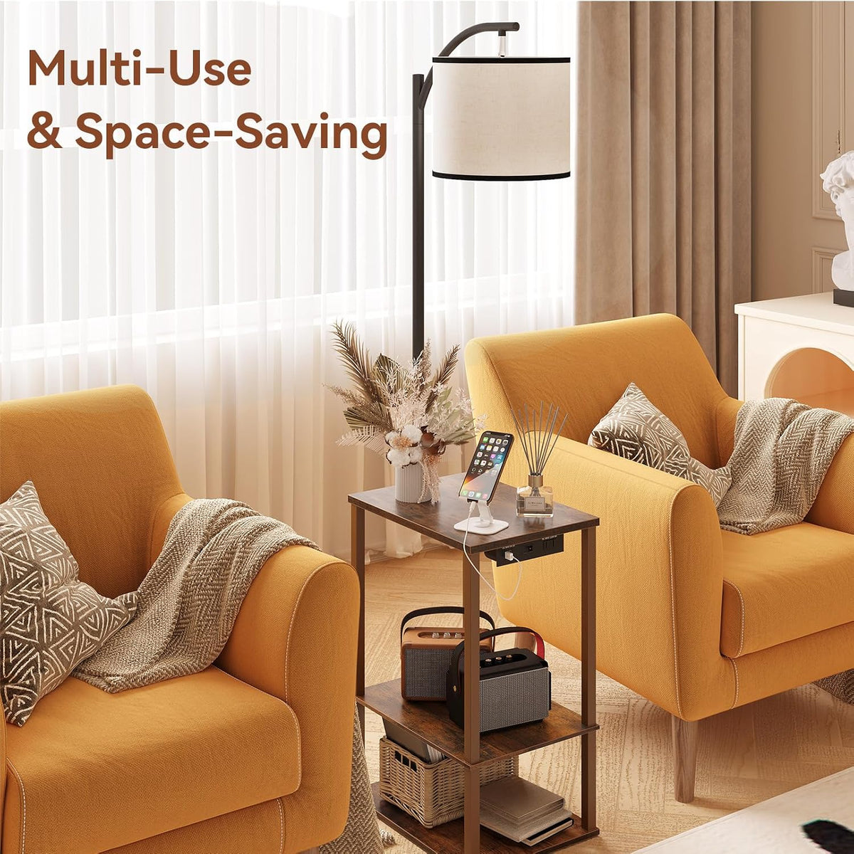 ✨ Rustic Floor Lamp with Side Table & Charging Station 🤎 Cozy 3-Shelf Standing Lamp for Living Room & Bedroom