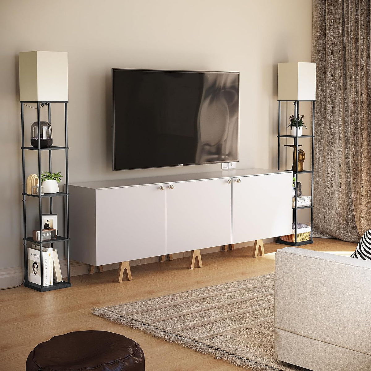 ✨ Modern 5-Tier Shelf Floor Lamp 🖤 Cozy Standing Light with Display Shelves for Living Room & Bedroom