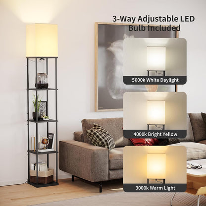 ✨ Modern 5-Tier Shelf Floor Lamp 🖤 Cozy Standing Light with Display Shelves for Living Room & Bedroom