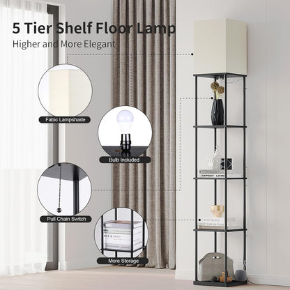 ✨ Modern 5-Tier Shelf Floor Lamp 🖤 Cozy Standing Light with Display Shelves for Living Room & Bedroom
