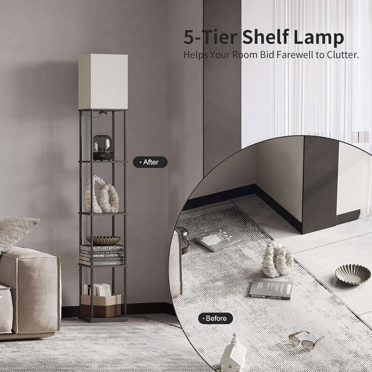 ✨ Modern 5-Tier Shelf Floor Lamp 🖤 Cozy Standing Light with Display Shelves for Living Room & Bedroom